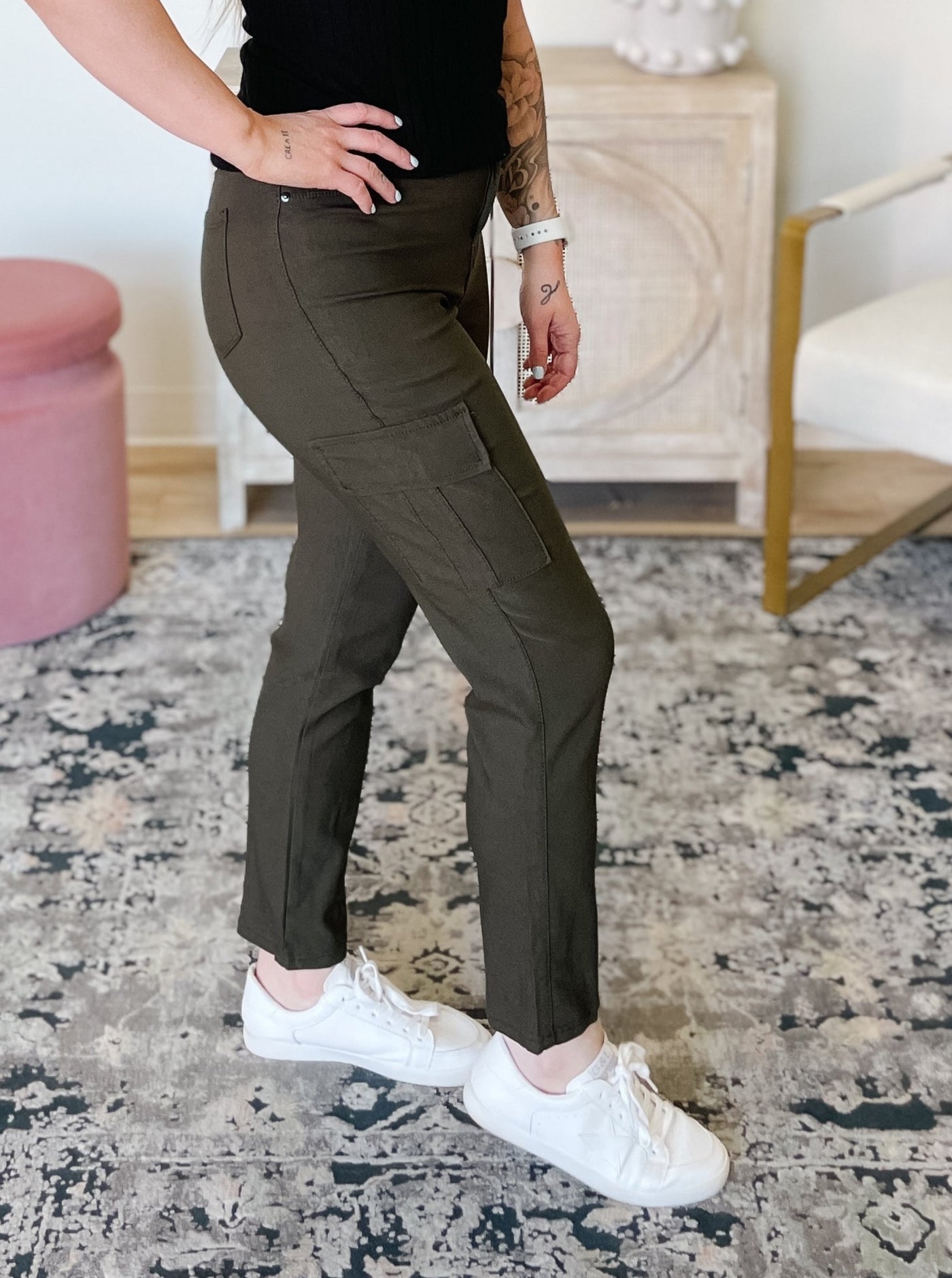 Hyperstretch High Rise Straight Leg Cargo Pant in Dark Olive