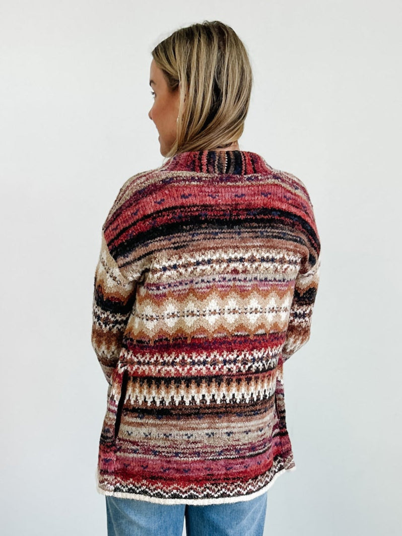 Long Jacquard Cardigan With Pockets in Red Mulit