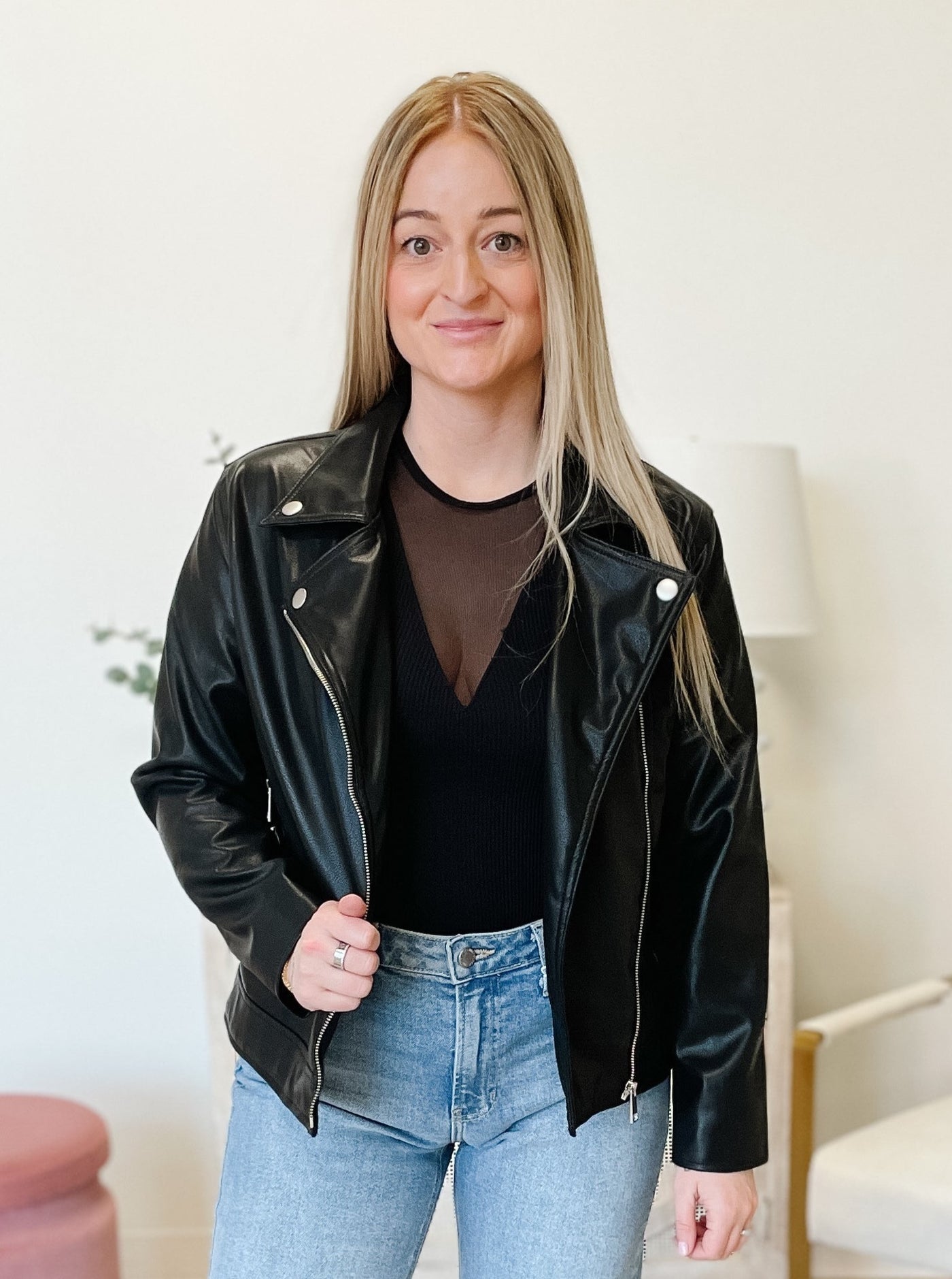 Oversized Faux Leather Moto Jacket in Black