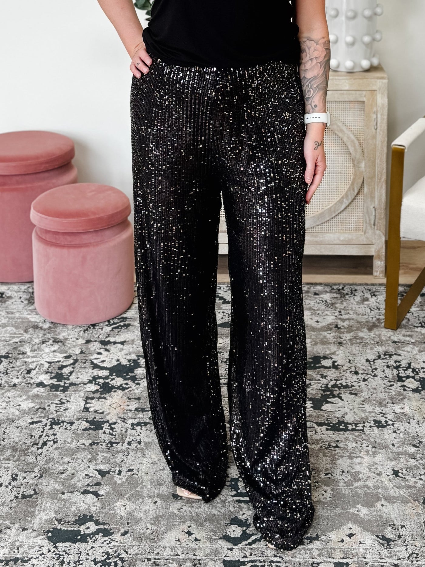 Friday Nights High Waisted Sequin Pants in Black / Silver