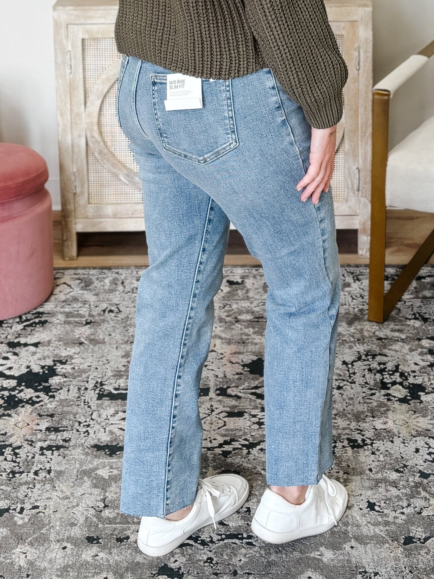 Mid Rise Slim Straight Jeans With Raw Cut Hem