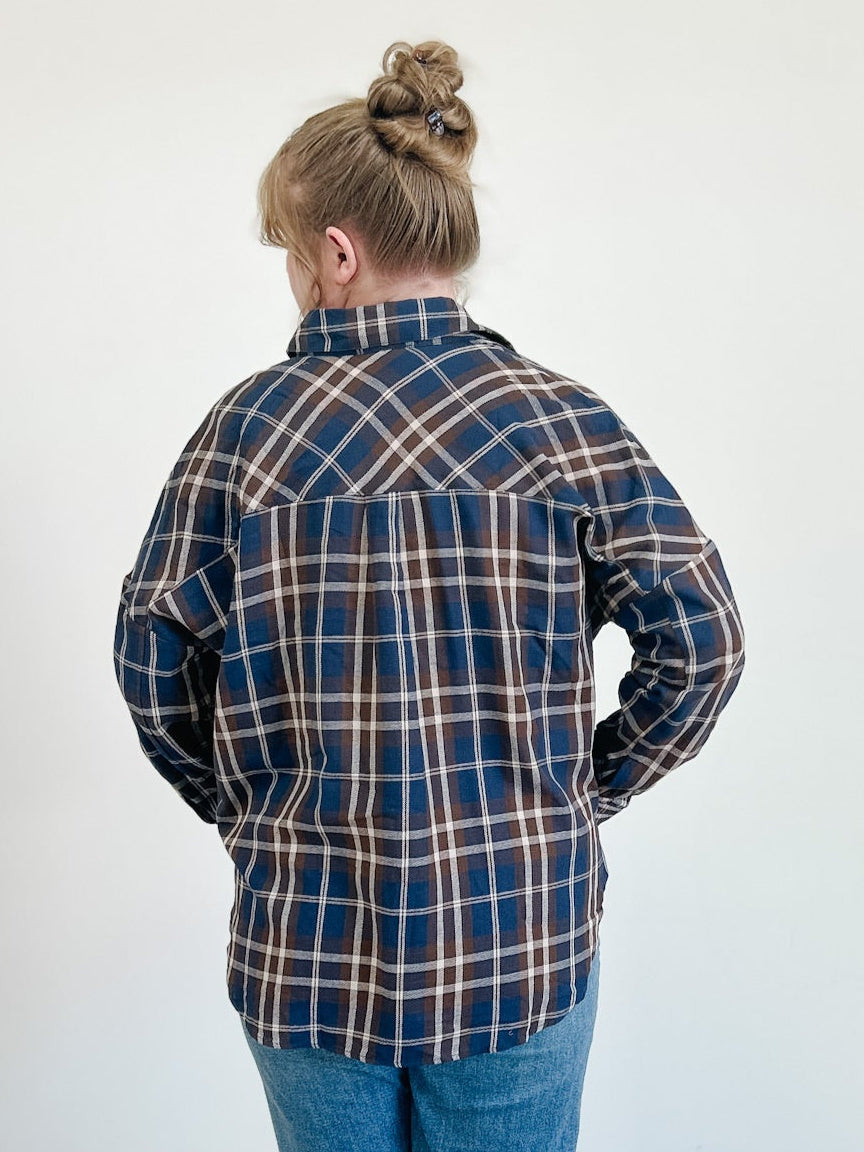 Plaid Button Down Pocket Detail Long Sleeve Shirt in Navy