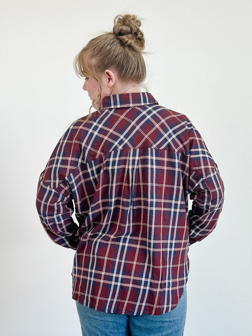 Plaid Button Down Pocket Detail Long Sleeve Shirt in Burgundy