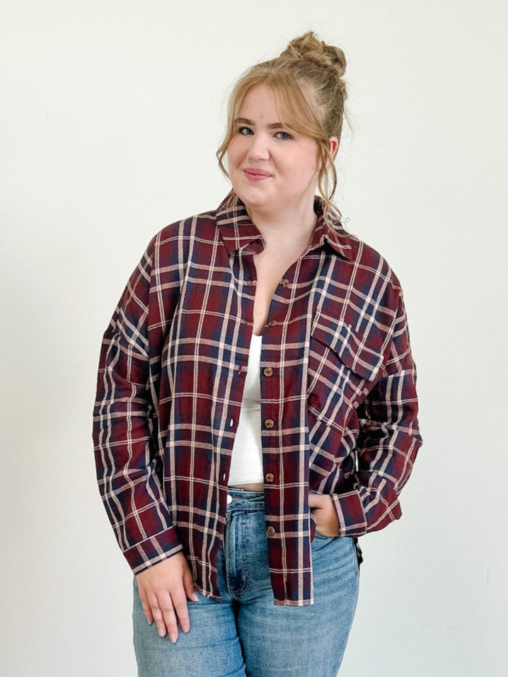 Plaid Button Down Pocket Detail Long Sleeve Shirt in Burgundy