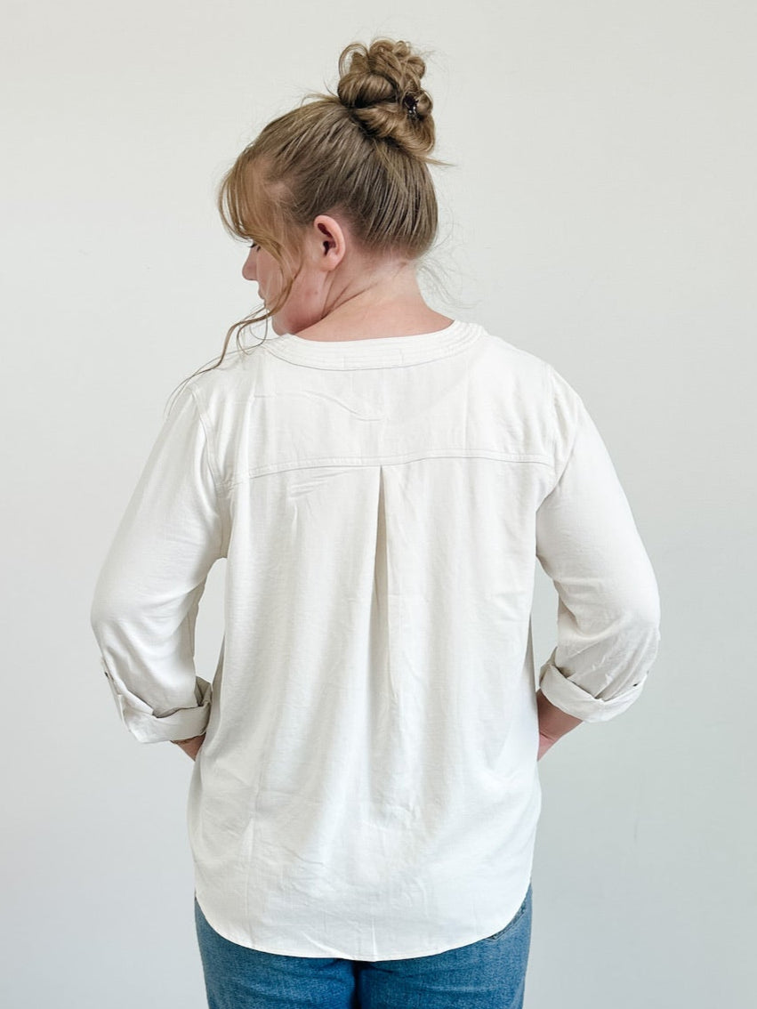Split Neck 3/4 Tab Sleeve Solid Top