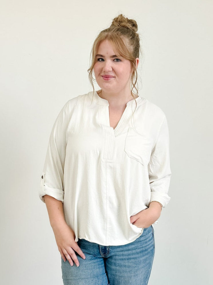 Split Neck 3/4 Tab Sleeve Solid Top
