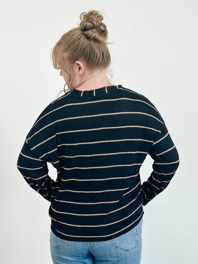 Stripe Long Sleeve Drop Shoulder Knit Top in Black