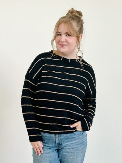 Stripe Long Sleeve Drop Shoulder Knit Top in Black