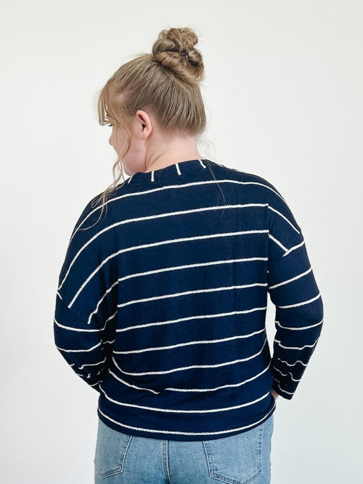 Stripe Long Sleeve Drop Shoulder Knit Top in Navy