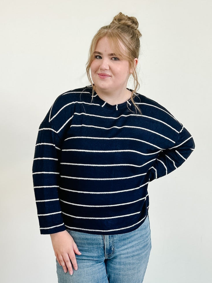 Stripe Long Sleeve Drop Shoulder Knit Top in Navy