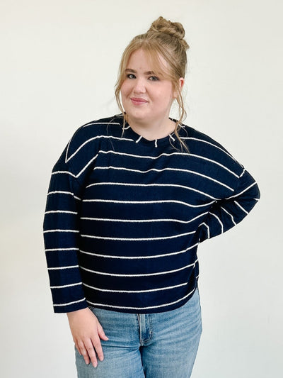 Stripe Long Sleeve Drop Shoulder Knit Top in Navy