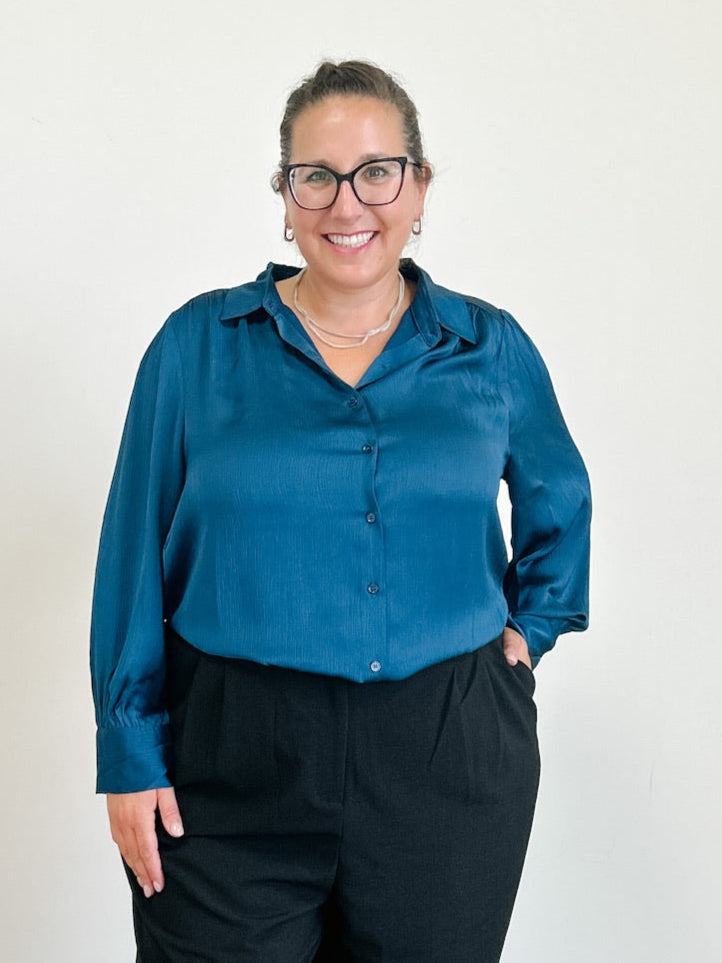 Recycled Crinkle Satin Button Down Shirt in Blue