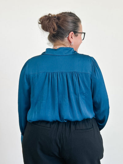 Recycled Crinkle Satin Button Down Shirt in Blue