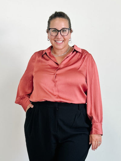 Recycled Crinkle Satin Button Down Shirt in Terra Cotta