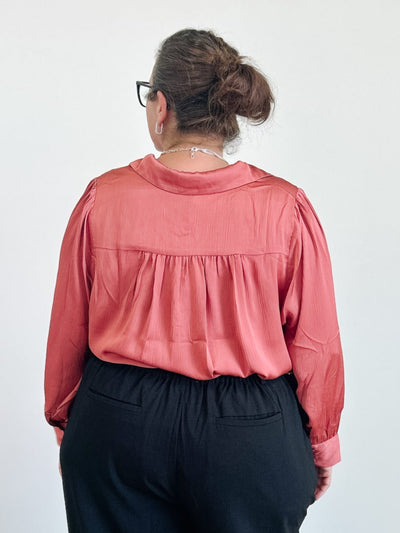 Recycled Crinkle Satin Button Down Shirt in Terra Cotta
