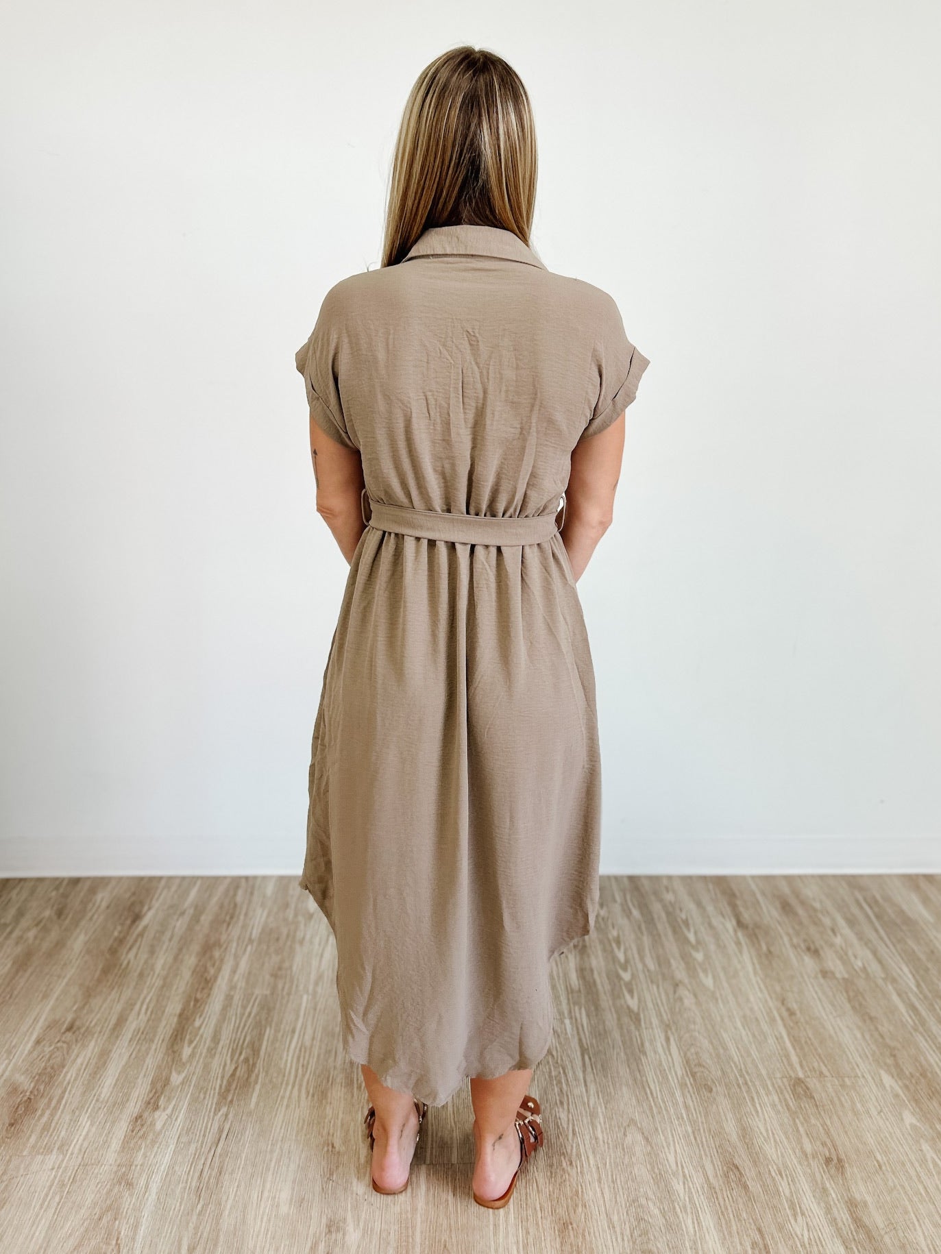 Collared Button Down Belted Midi Dress