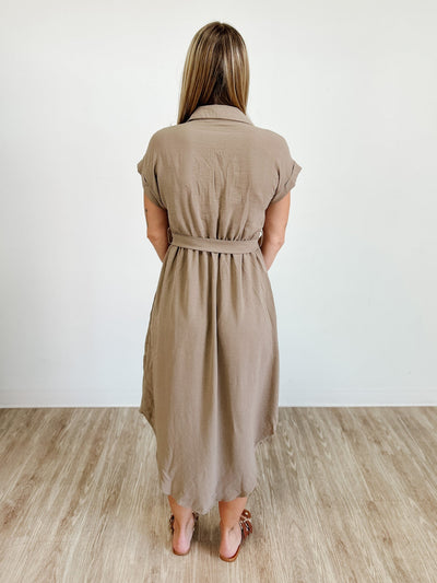 Collared Button Down Belted Midi Dress
