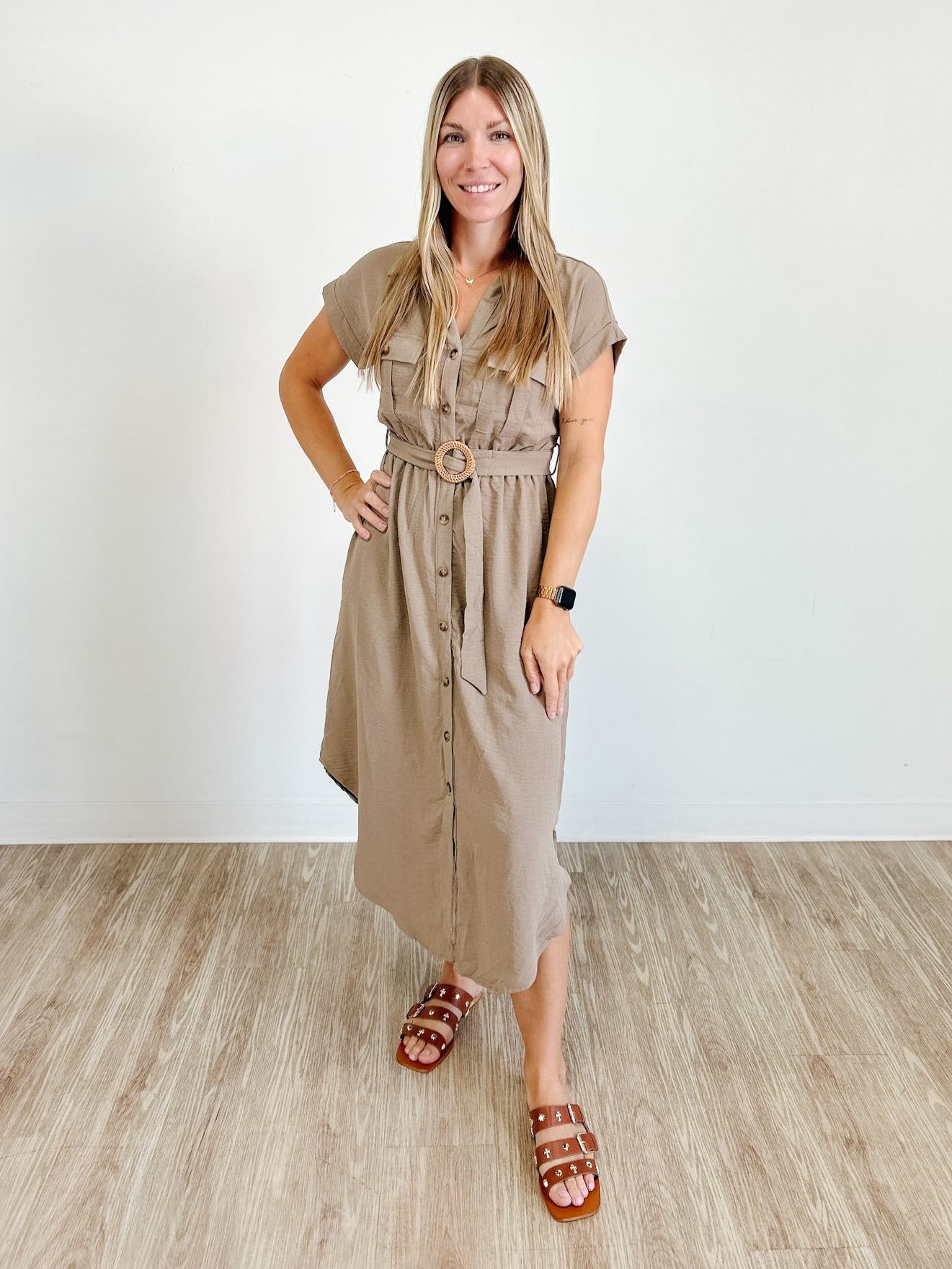 Collared Button Down Belted Midi Dress