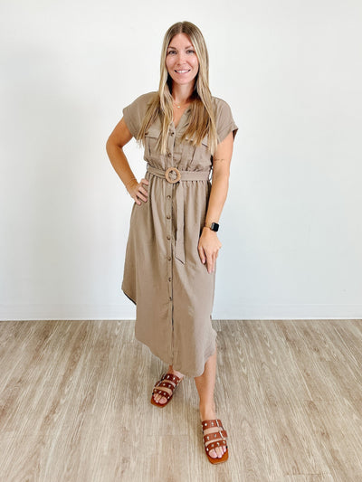 Collared Button Down Belted Midi Dress
