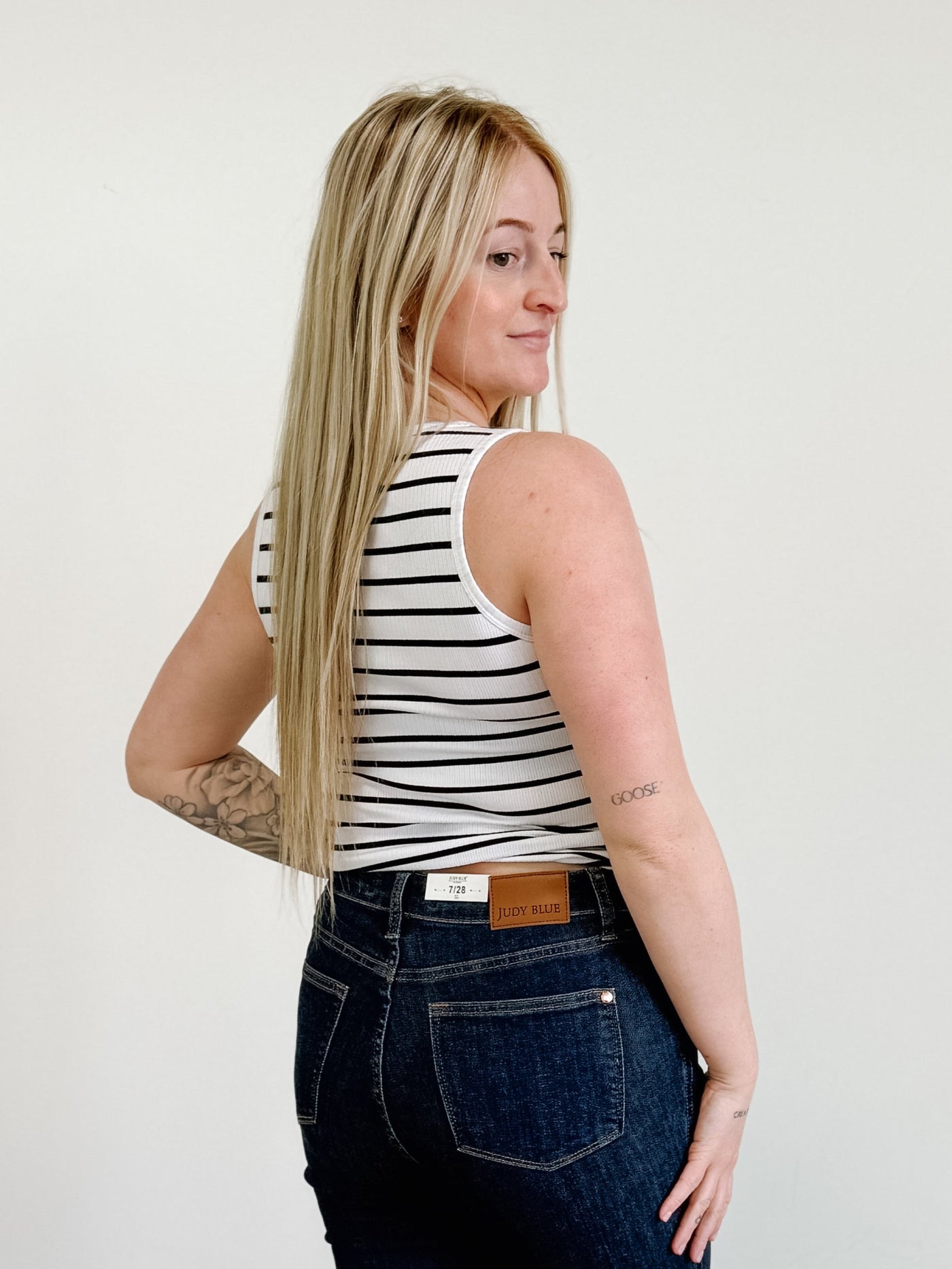 The Classic Ribbed Tank in White / Black Stripe