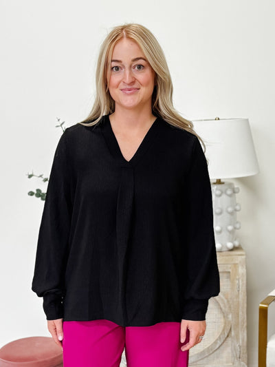 Cuffed Long Sleeve V-Neck Blouse in Black