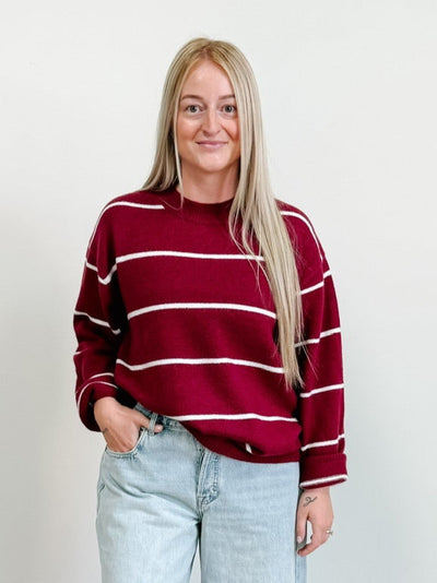 Round Neck Stripe Sweater in Cabernet / Ivory