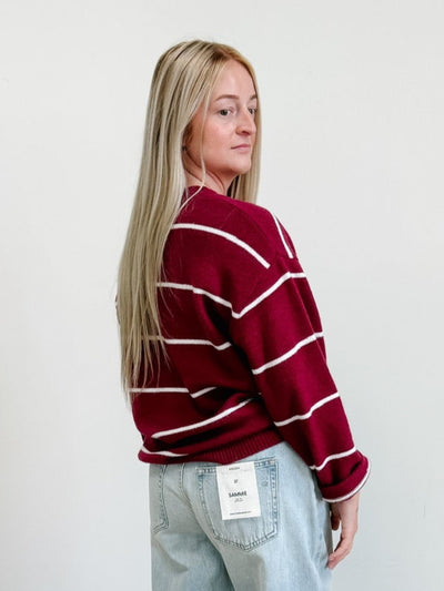 Round Neck Stripe Sweater in Cabernet / Ivory