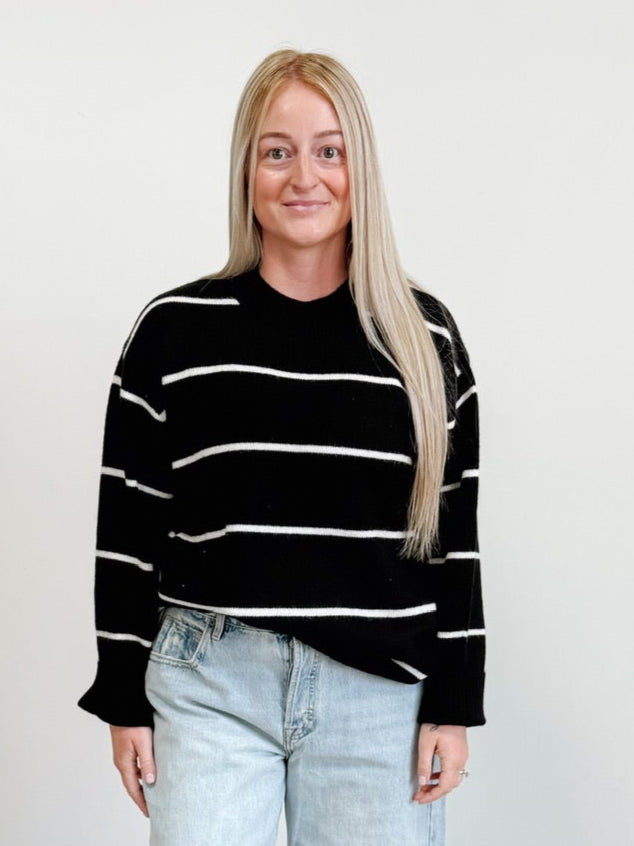 Round Neck Stripe Sweater in Black / Ivory