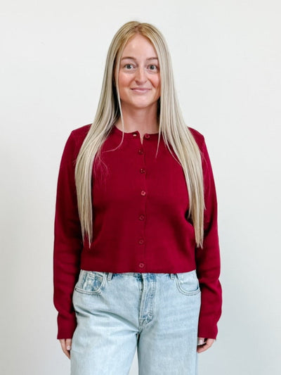 Crewneck Button Up Cardigan in Cabernet