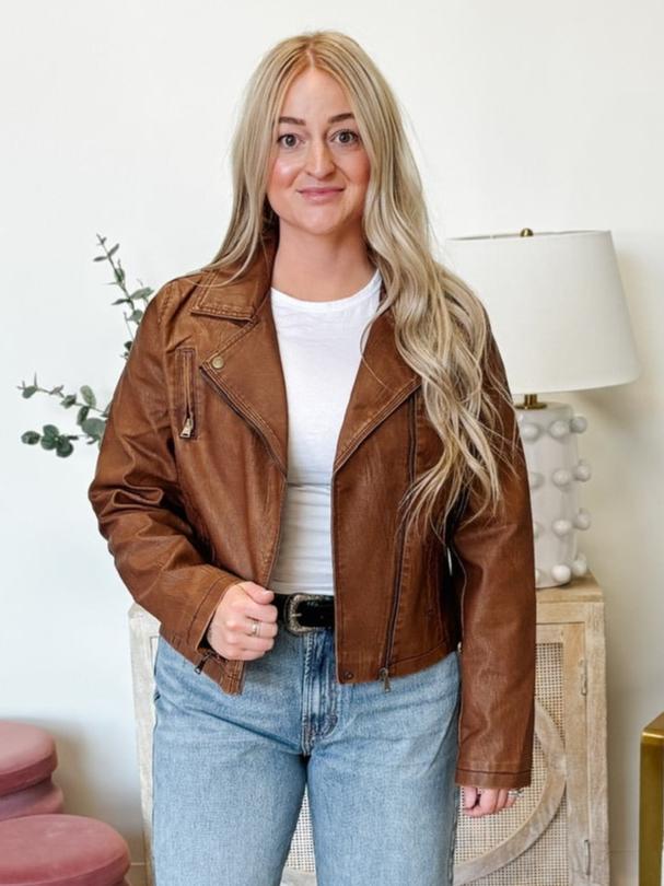 Faux Leather Motorcycle Jacket in Brown