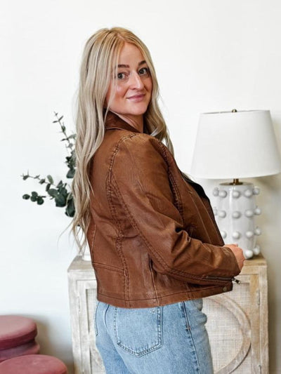 Faux Leather Motorcycle Jacket in Brown