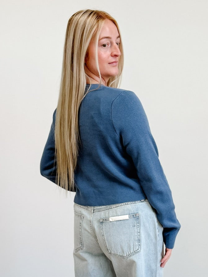 Crewneck Button Up Cardigan in Dusty Blue