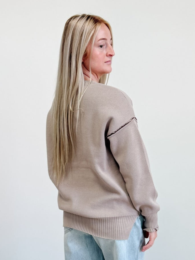 Round Neck Contrast Trim Sweater in Ash Mocha
