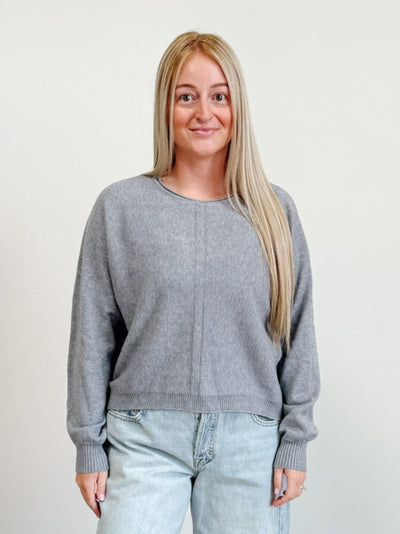 Front Seam Round Neck Sweater in Heather Grey