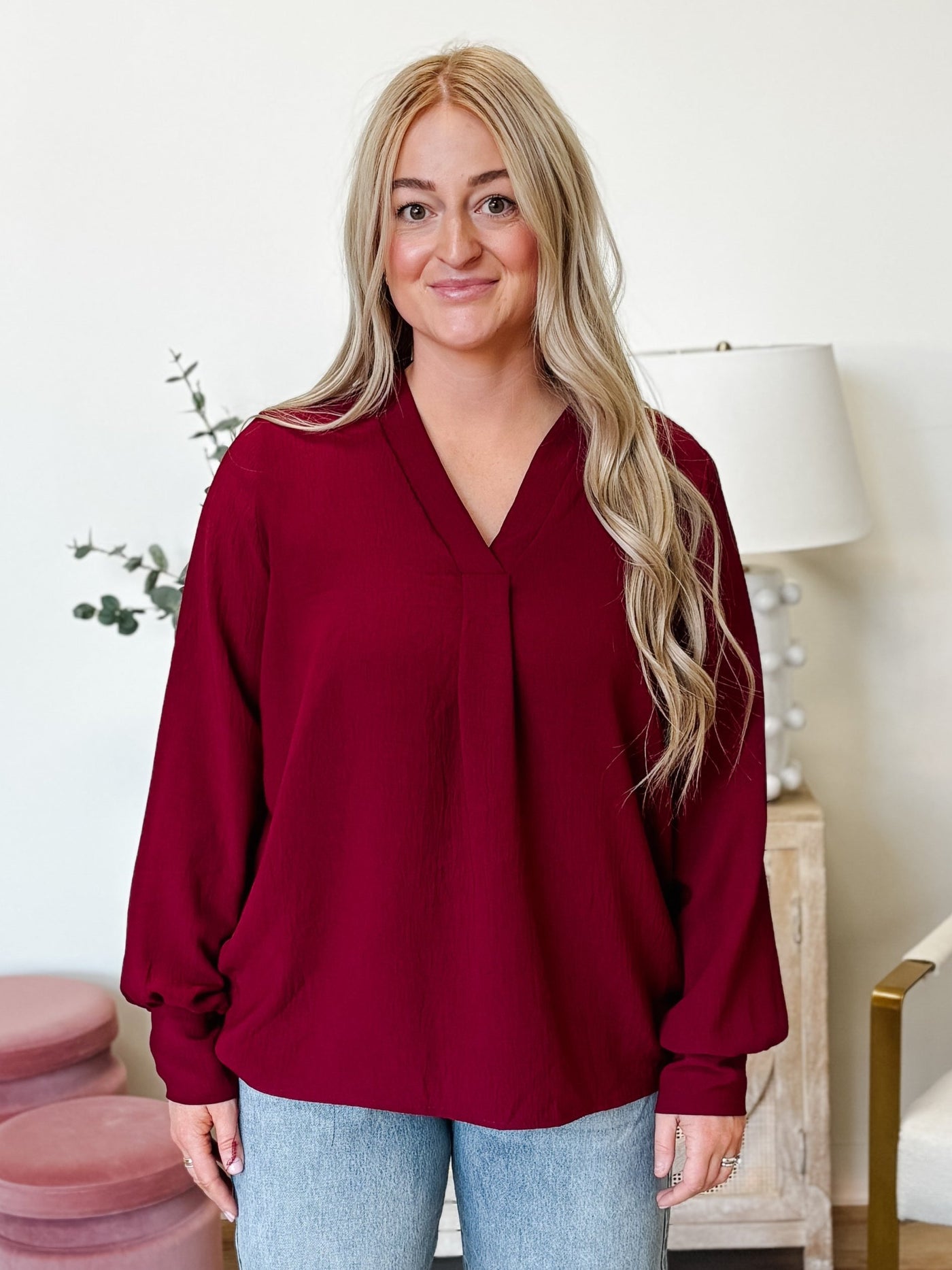 Cuffed Long Sleeve V-Neck Blouse in Burgundy