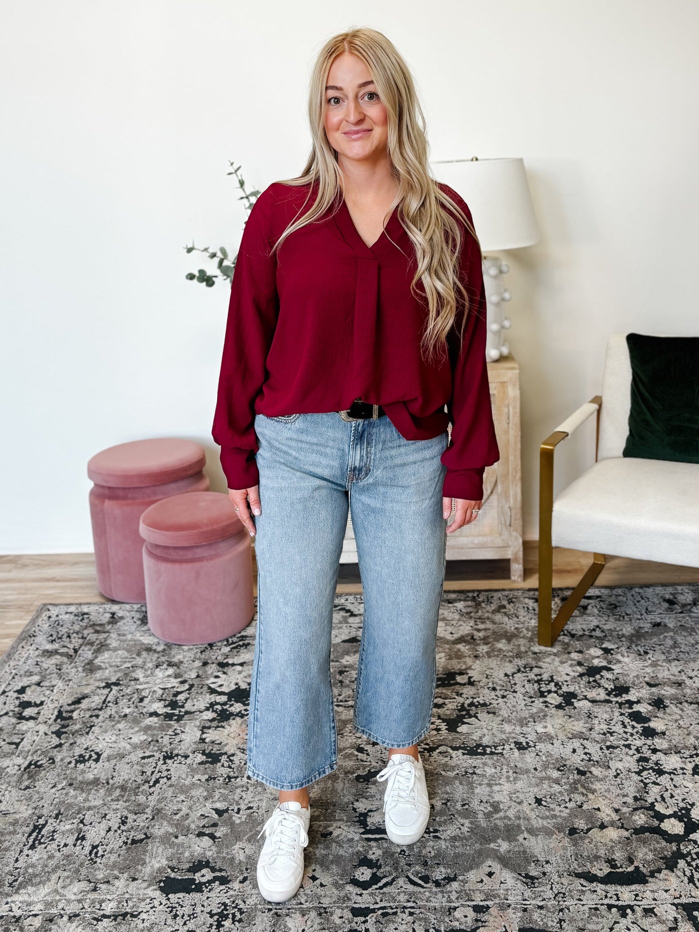 Cuffed Long Sleeve V-Neck Blouse in Burgundy