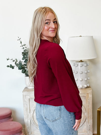 Cuffed Long Sleeve V-Neck Blouse in Burgundy