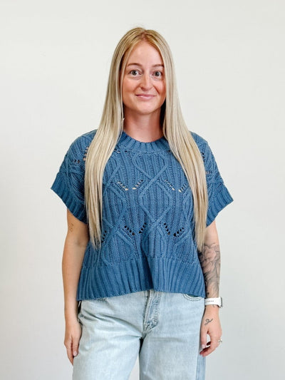Cable Knit Short Sleeve Sweater in Dusty Blue