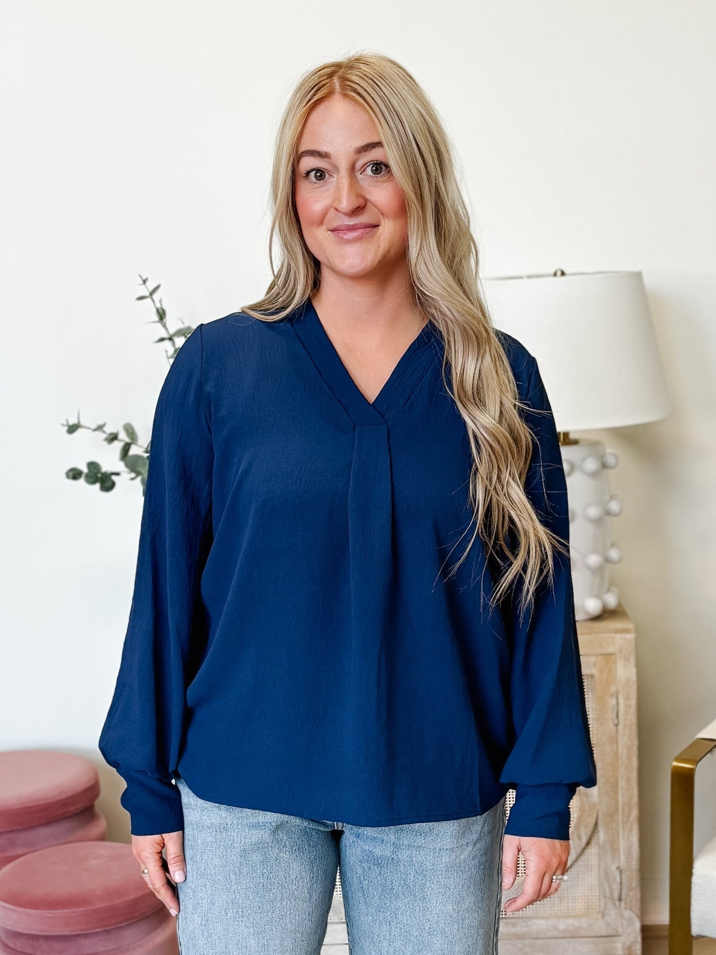 Cuffed Long Sleeve V-Neck Blouse in Navy