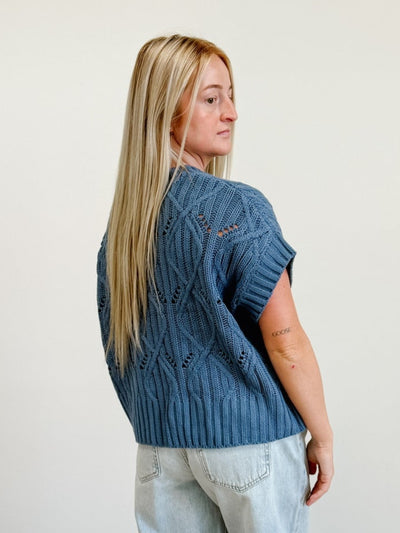 Cable Knit Short Sleeve Sweater in Dusty Blue