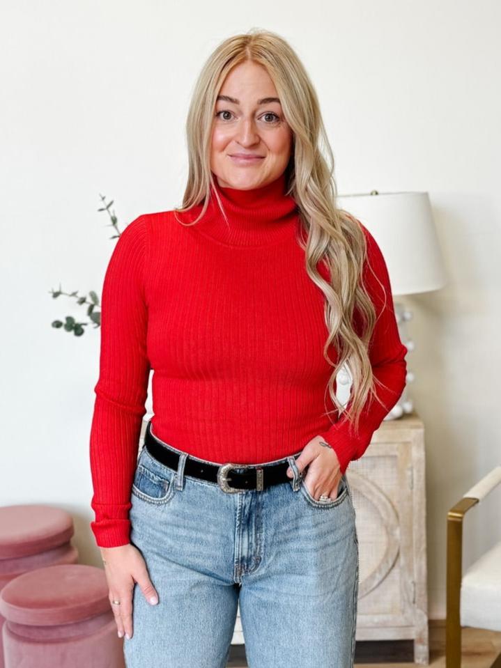 Ribbed Turtleneck Bodysuit in Red