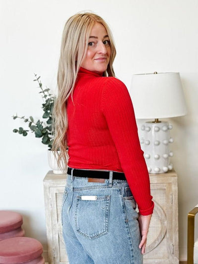 Ribbed Turtleneck Bodysuit in Red