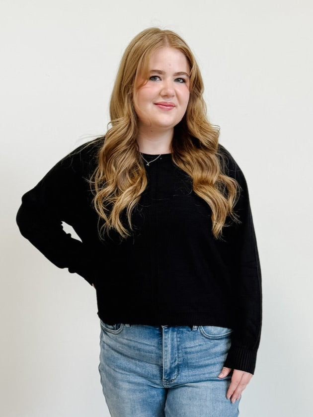 Front Seam Round Neck Sweater in Black