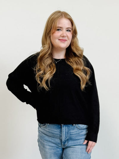 Front Seam Round Neck Sweater in Black