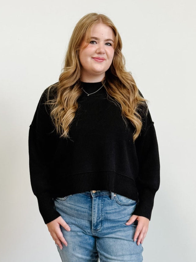 Wide Neck Band Drop Shoulder Sweater in Black