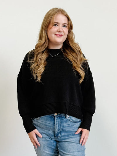Wide Neck Band Drop Shoulder Sweater in Black