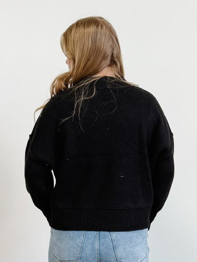 Wide Neck Band Drop Shoulder Sweater in Black