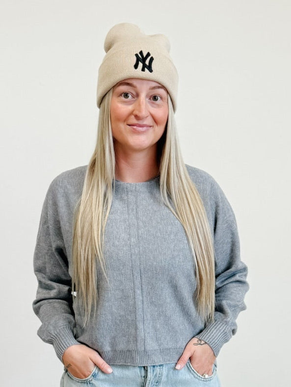 NY Monogrammed Beanie in Beige