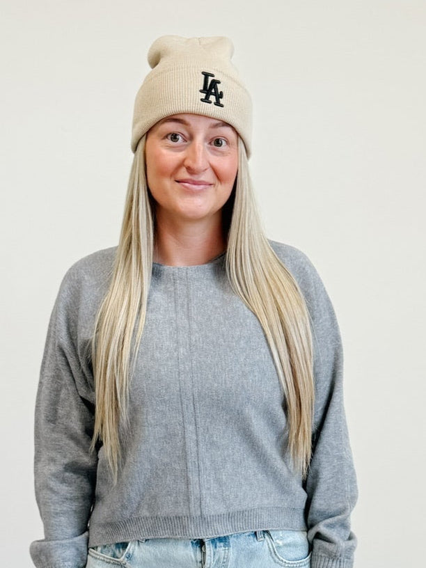 LA Monogrammed Beanie in Beige