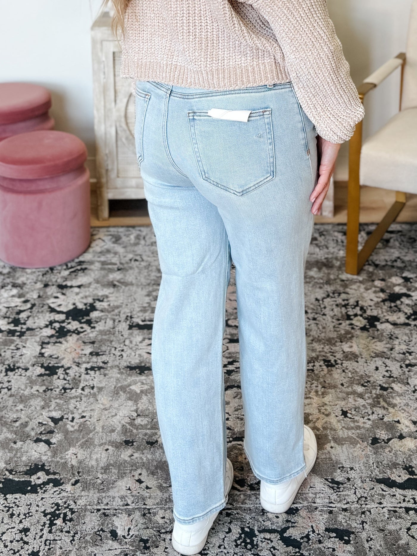 Hidden Denim Hem Grinded Straight Leg Jean in Light Blue Denim